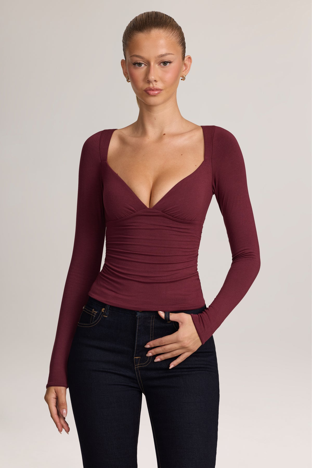Modal Ruched Long-Sleeve Top in Plum