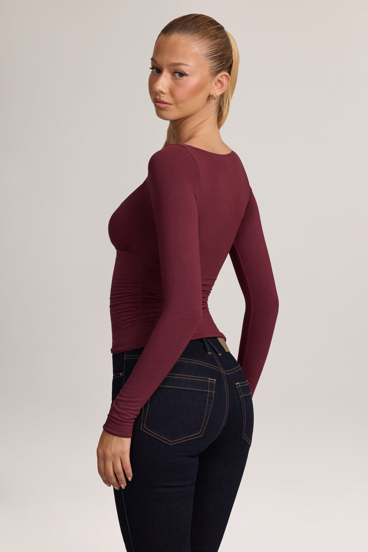 Modal Ruched Long-Sleeve Top in Plum