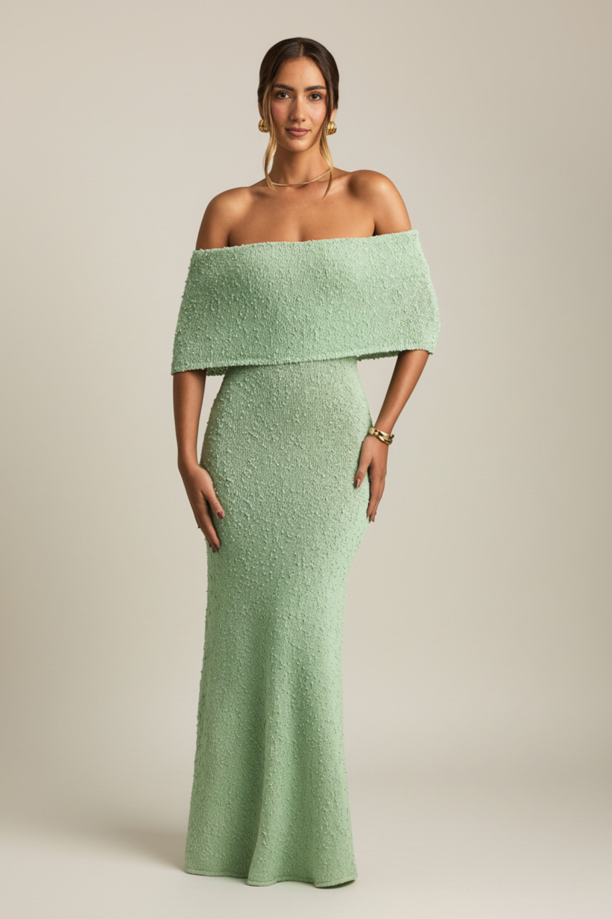 Bouclé Off-Shoulder Maxi Dress in Mint