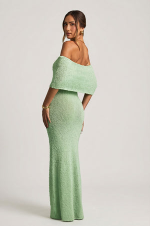 Oh Polly's Priscilla wearing the Naia Maxi Dress in Mint Boucle Knit fabric perfect for date nights out
