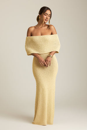 Bouclé Off-Shoulder Maxi Dress in Yellow