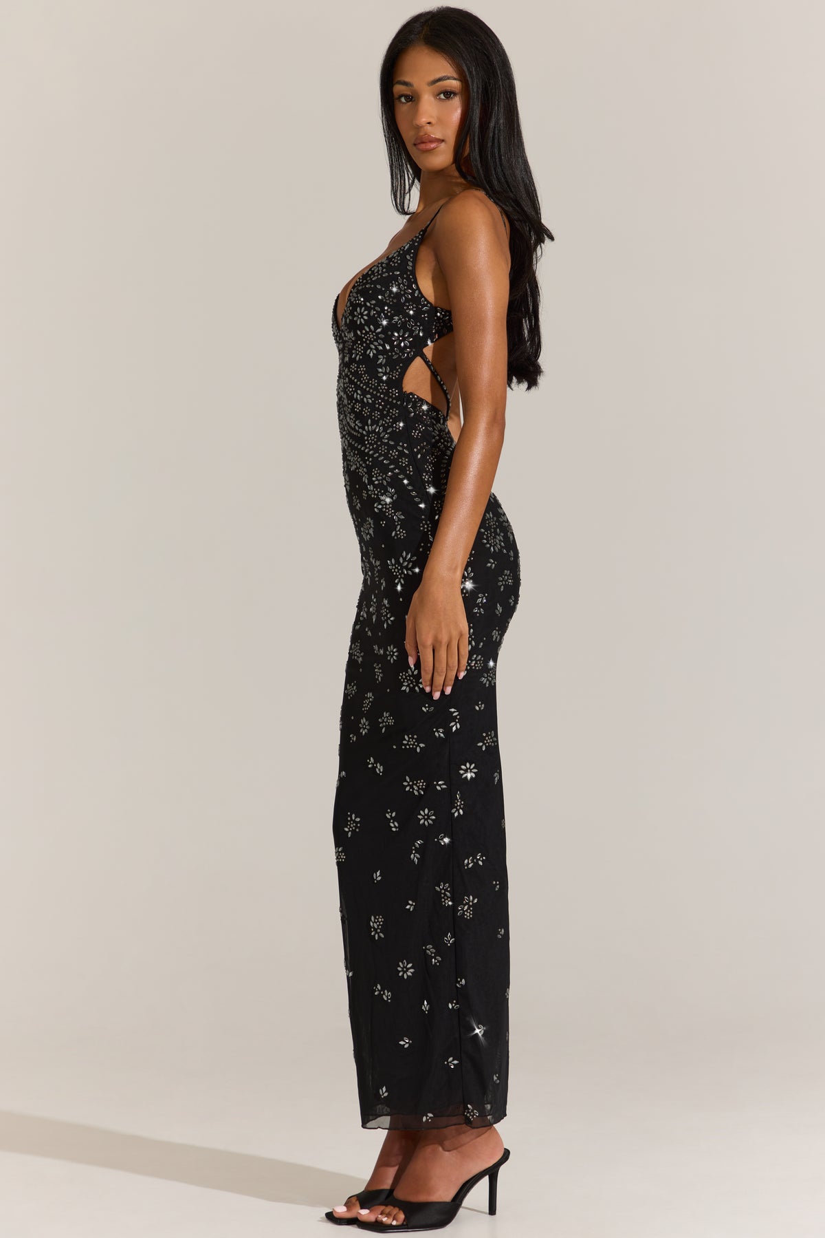 Embellished Plunge Neck Maxi Dress in Black