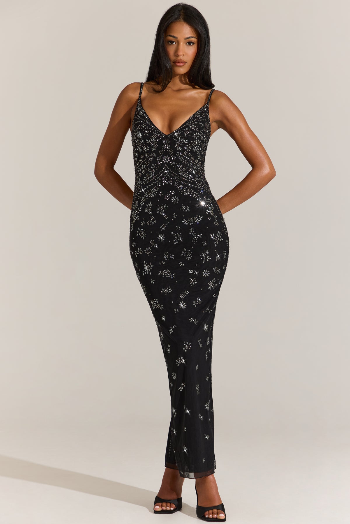 Embellished Plunge Neck Maxi Dress in Black