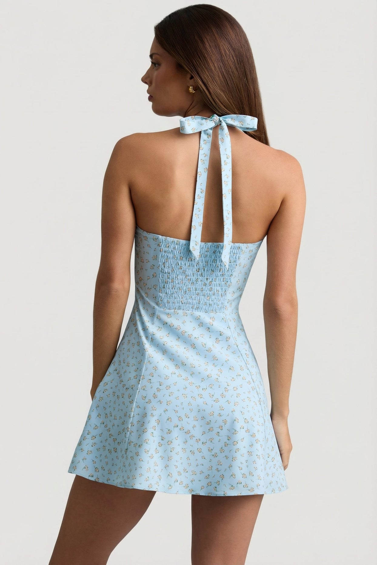 Halterneck A-Line Mini Dress in Blue Flower Print - 7