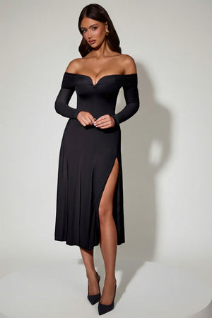princess polly baby blue dress ASOS DESIGN off shoulder with split detail maxi dress in black main image 0