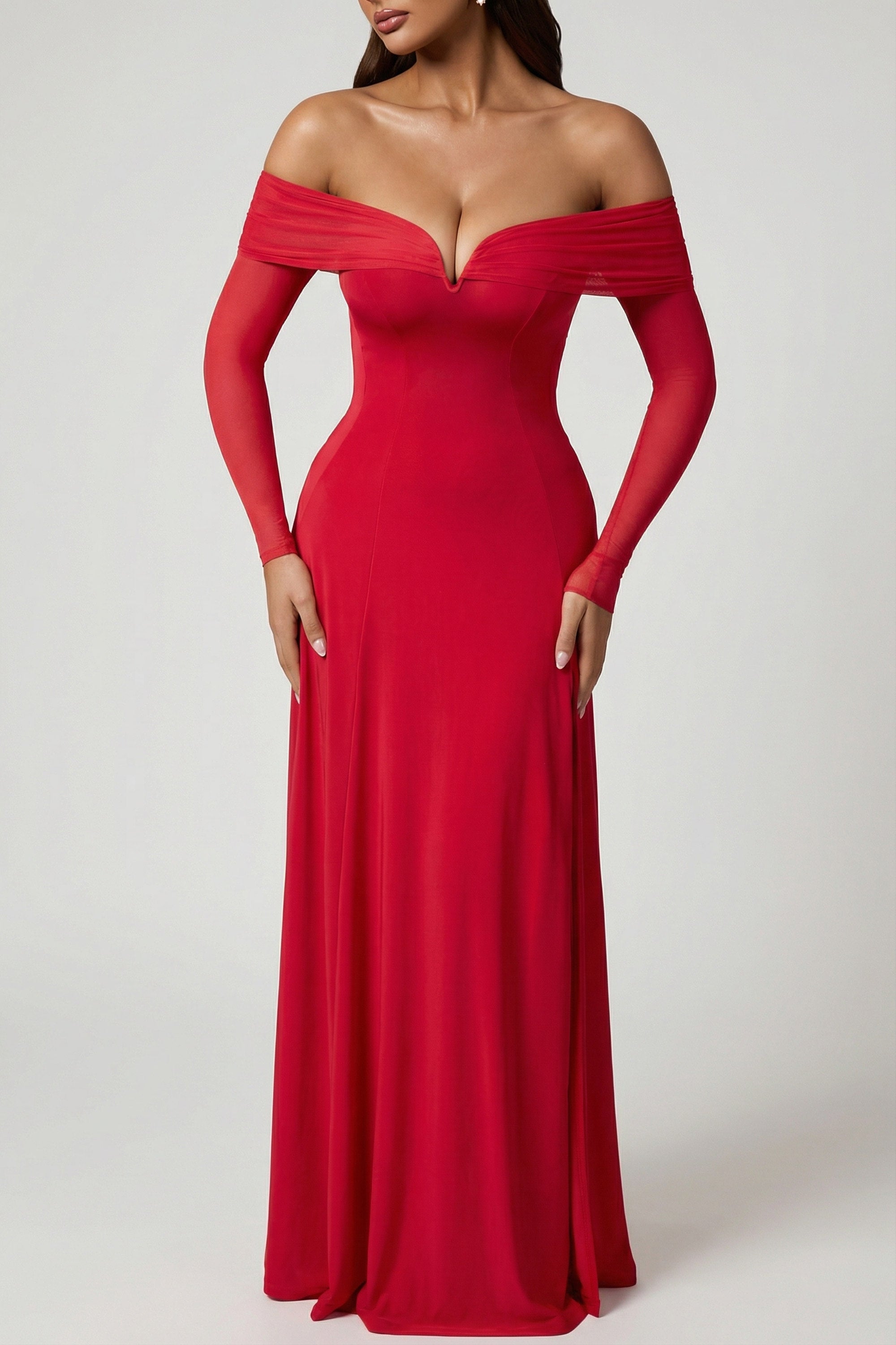 Off-Shoulder Lace-Up A-Line Midaxi Dress in Red