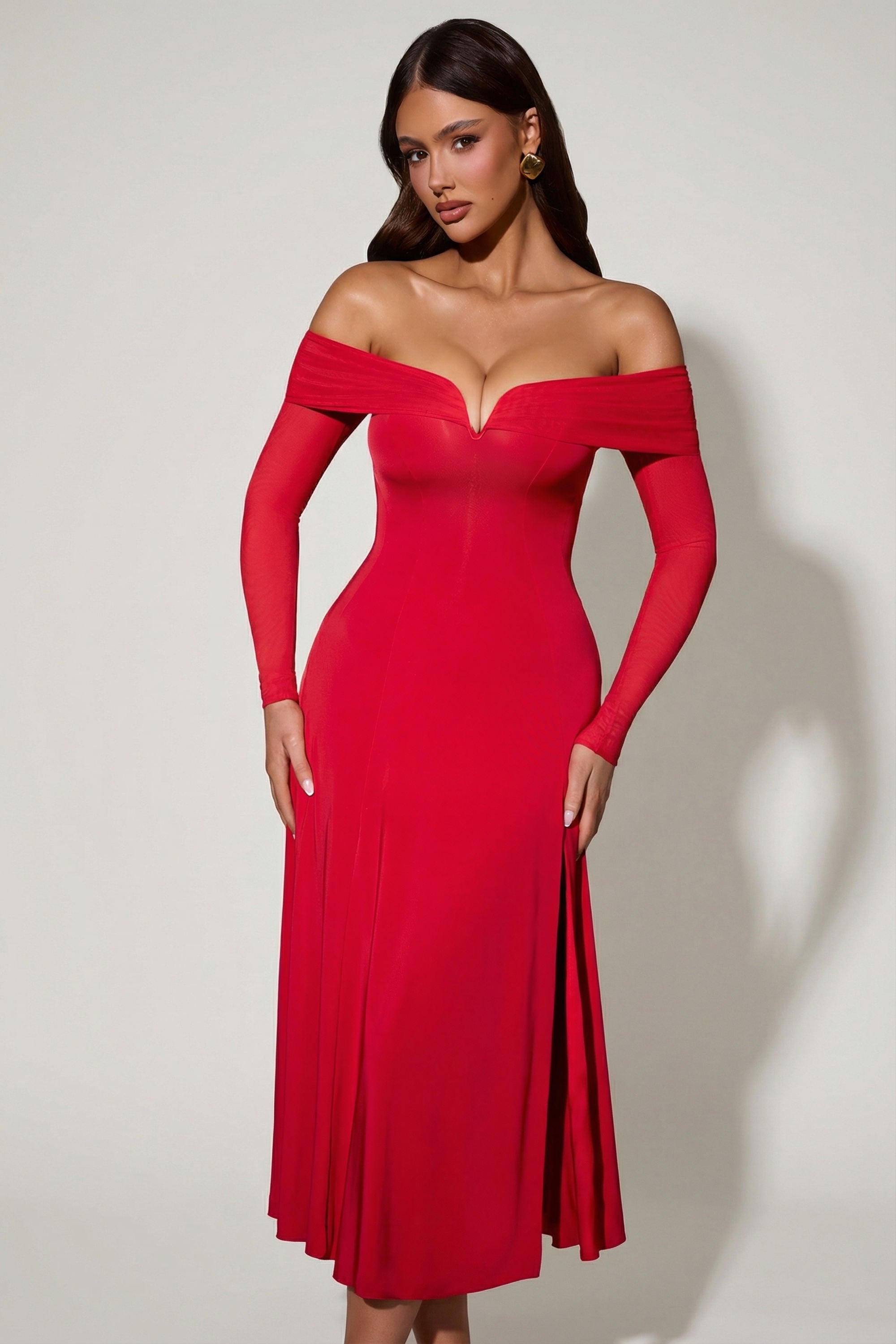 Anley Embellished Halter Neck Ruffle Maxi Dress in Red
