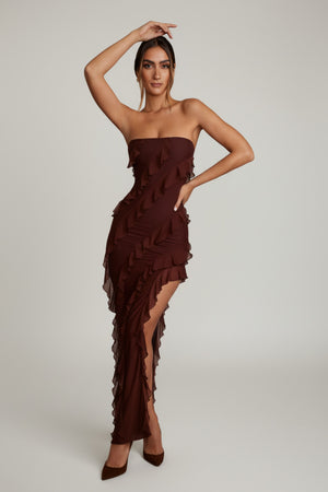 Oh Polly's Priscilla wearing the Nevali Maxi Dress in Brown Mesh fabric perfect for exclusive fashion soirées
