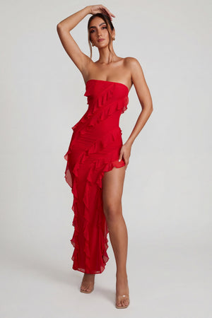 Oh Polly's Priscilla wearing the Nevali Maxi Dress in Red Mesh fabric perfect for a girls' night out