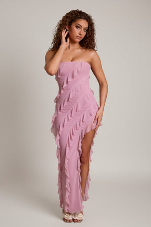 knee length dresses for ladies Yellow And Pink Ruffled Mesh Maxi Dress