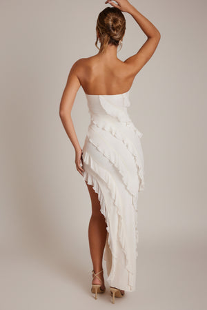 Oh Polly's Priscilla wearing the Nevali Maxi Dress in Ivory Mesh fabric perfect for summer garden parties