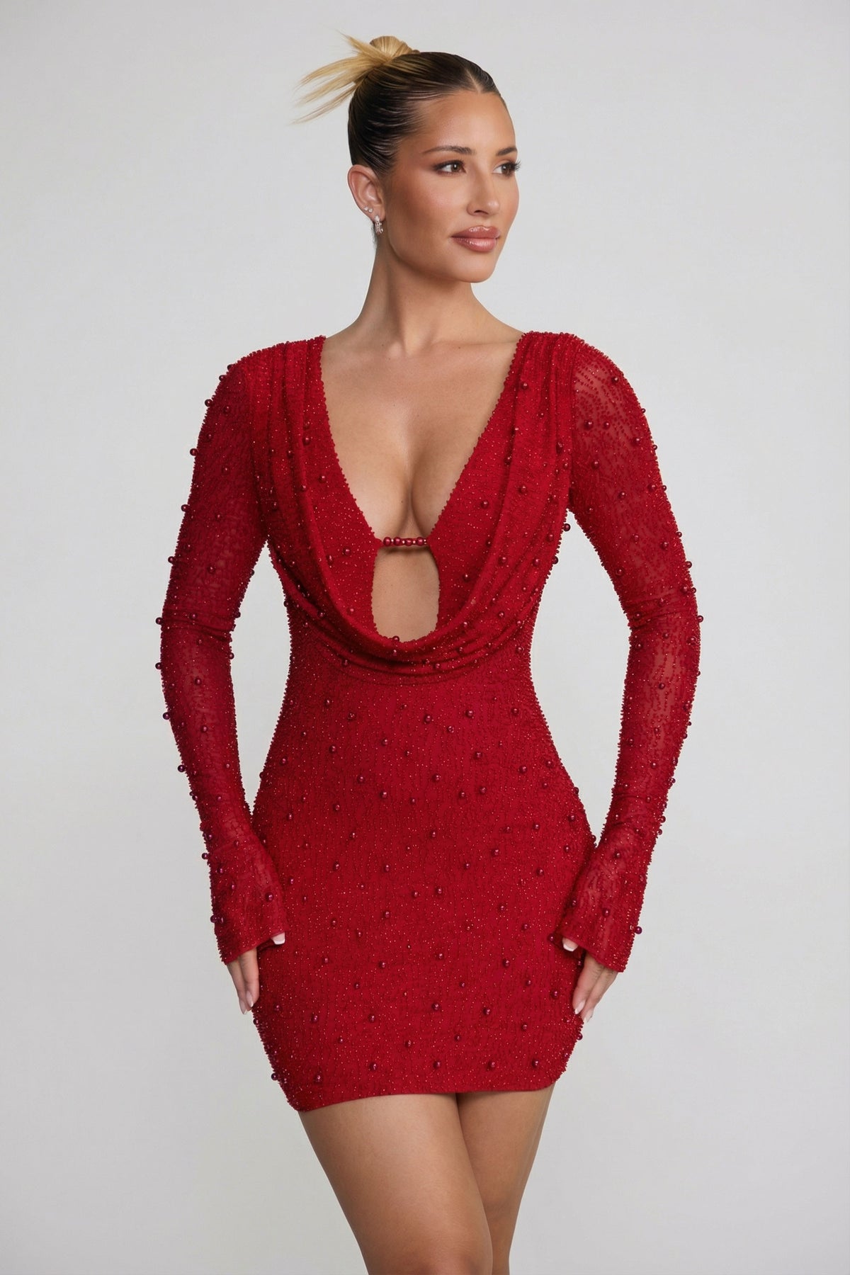 Long Sleeve Deep Plunge Mini Dress in Red