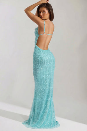 embellished cowl neck maxi dress in aqua Naa Embellished Maxi Dress