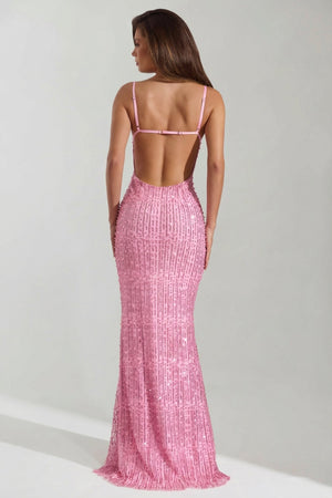Embellished Cowl-Neck Backless Maxi Dress in Pink