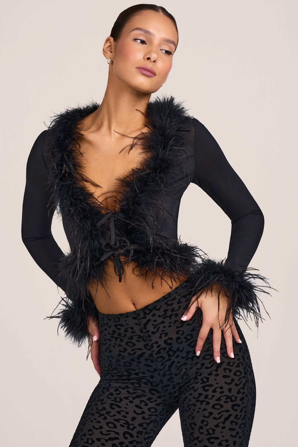 Feather-Trim Semi-Sheer Cardigan in Black - 1