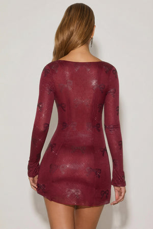 Odelie Embellished Bow-Detail A-Line Mini Dress in Wine Red Odelie Embellished Bow-Detail A-Line Mini Dress in Wine Red