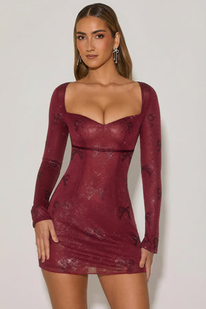 Embellished Bow-Detail A-Line Mini Dress in Wine Red