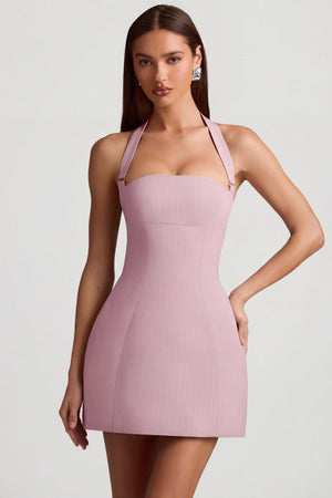 Pinstripe Halterneck Structured A-Line Mini Dress in Mauve