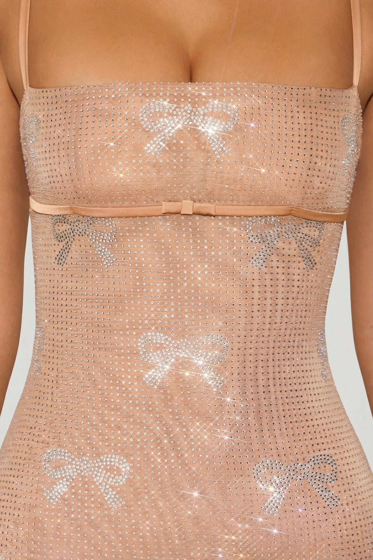 Embellished Bow-Detail Mini Dress in Almond - 8