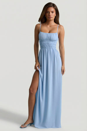 Oh Polly's Sophia wearing the Olyssia Maxi Dress in Sky Blue Georgette fabric perfect for summer weddings