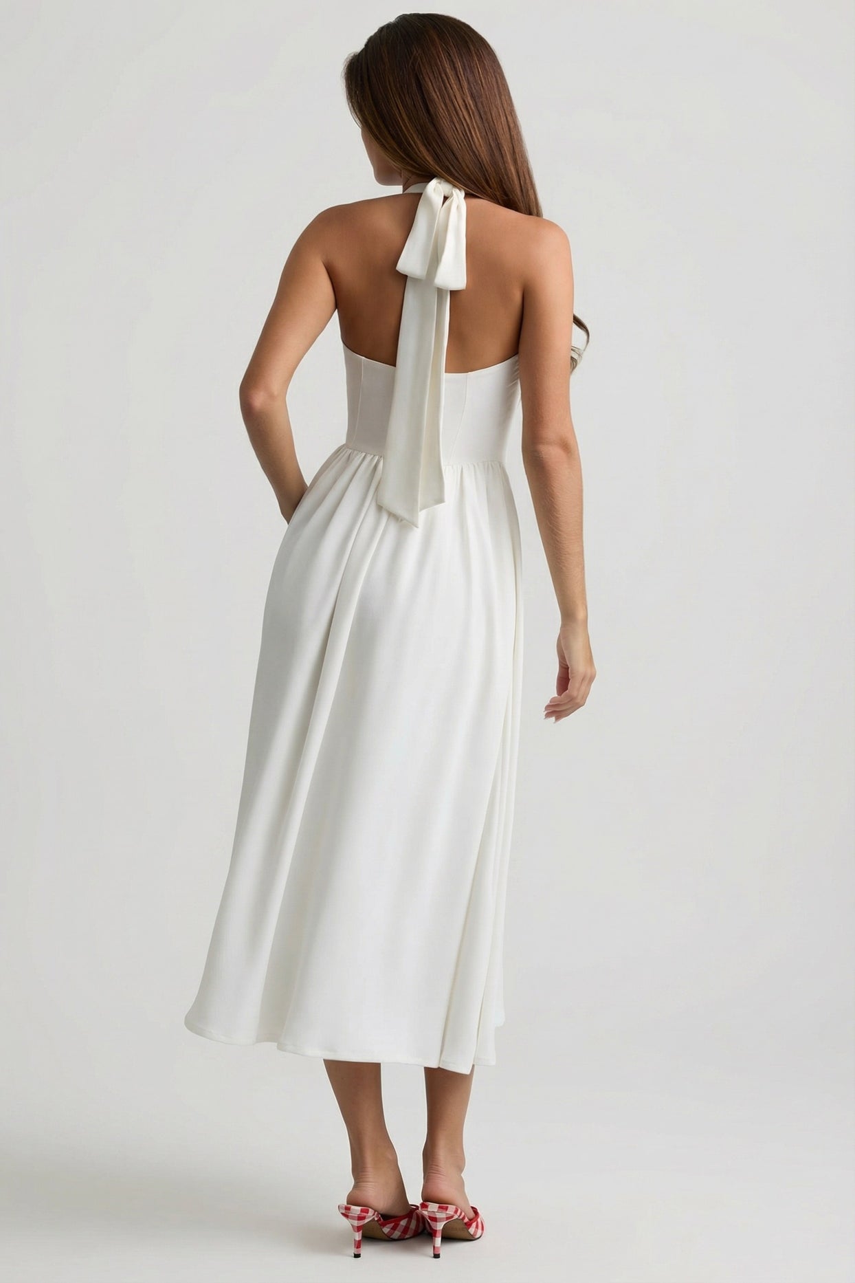 Button-Detail Halterneck Midaxi Dress in White - 6