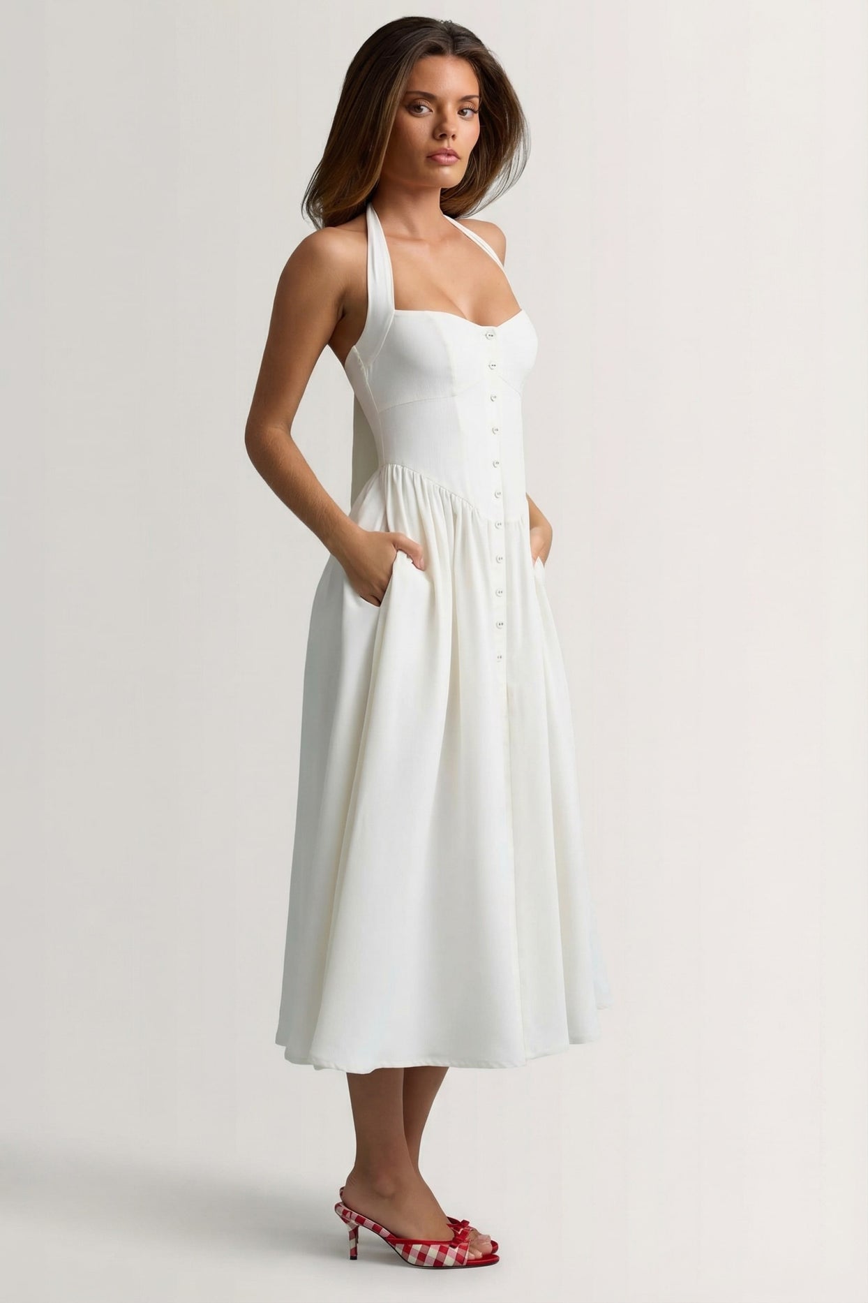 Button-Detail Halterneck Midaxi Dress in White - 4