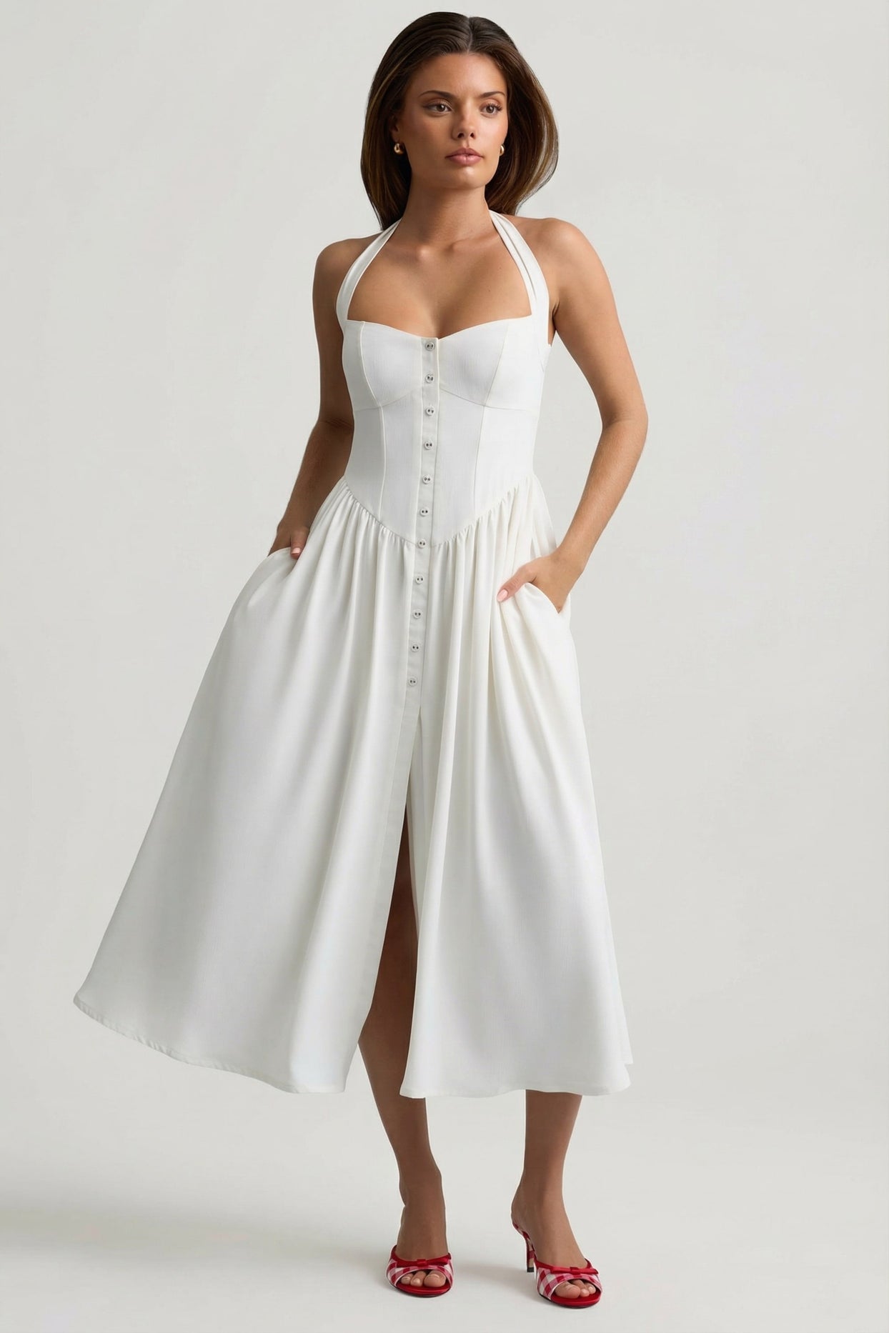 Button-Detail Halterneck Midaxi Dress in White - 7
