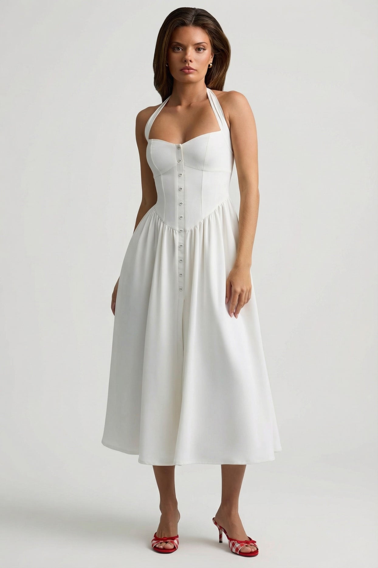 Button-Detail Halterneck Midaxi Dress in White - 8