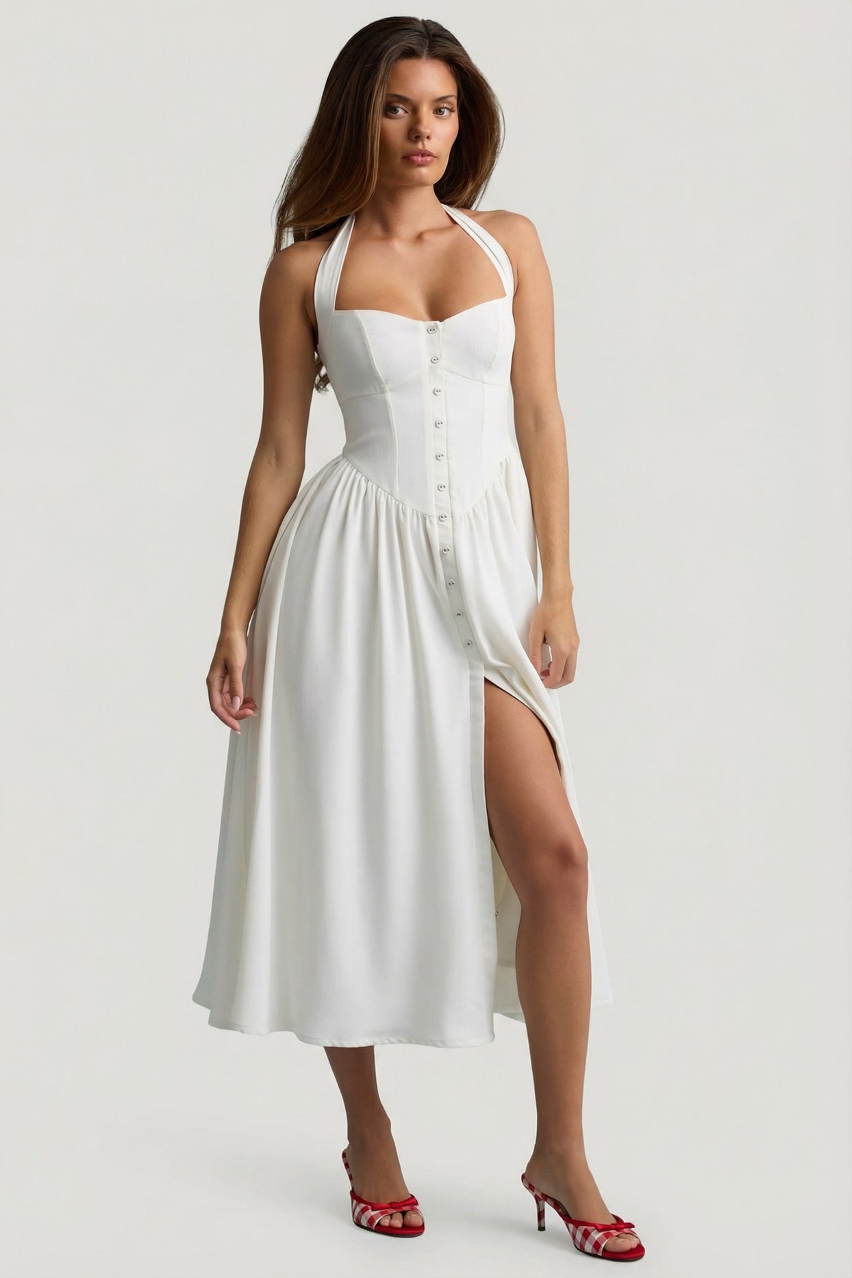 Button-Detail Halterneck Midaxi Dress in White - 9
