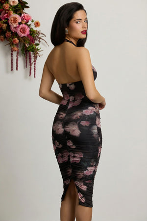 Oh Polly's Renee wearing the Ornella Midi Dress in Black Floral Print Jersey fabric perfect for wedding guest style