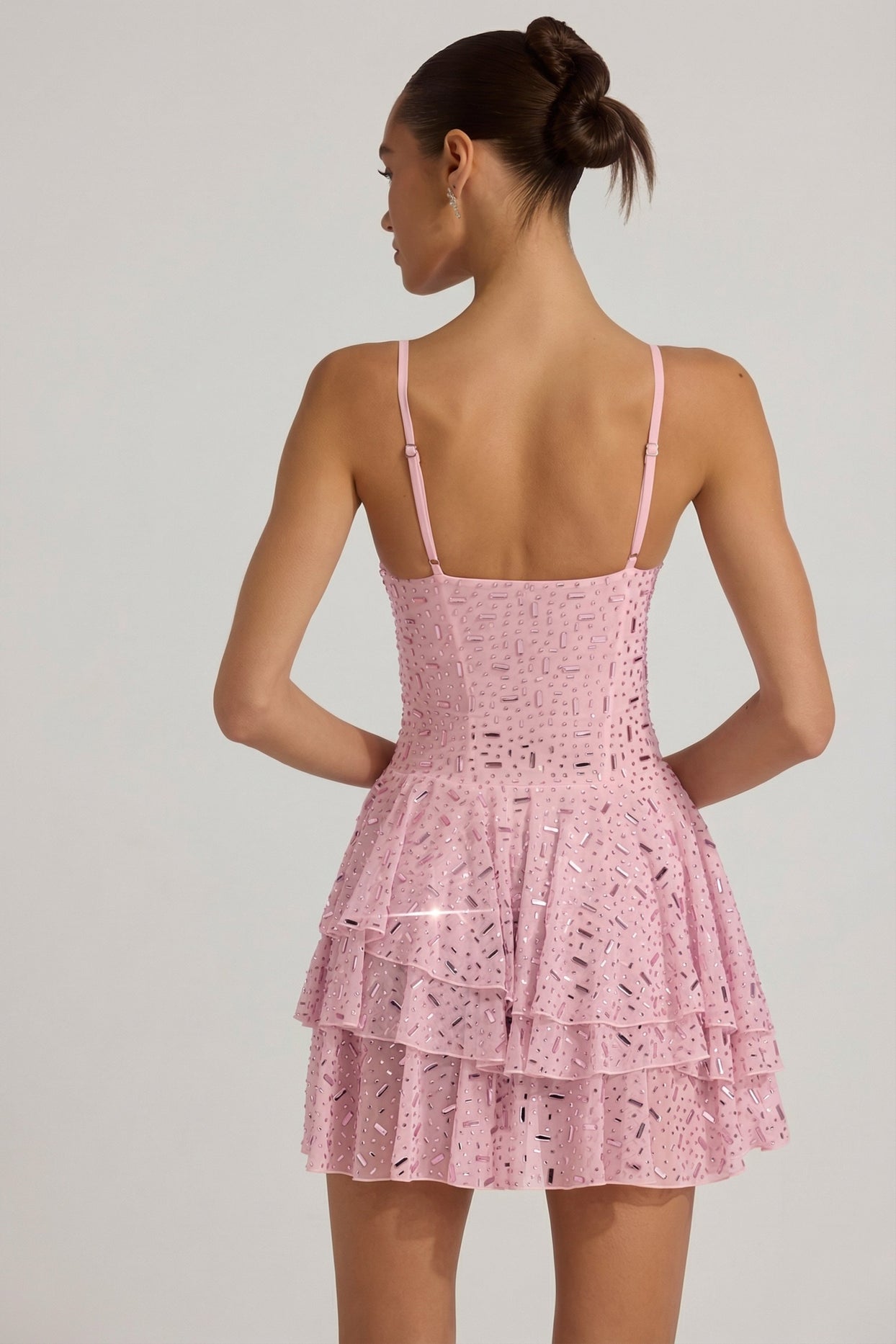 Embellished Ruffled Tiered Mini Dress in Pink - 2