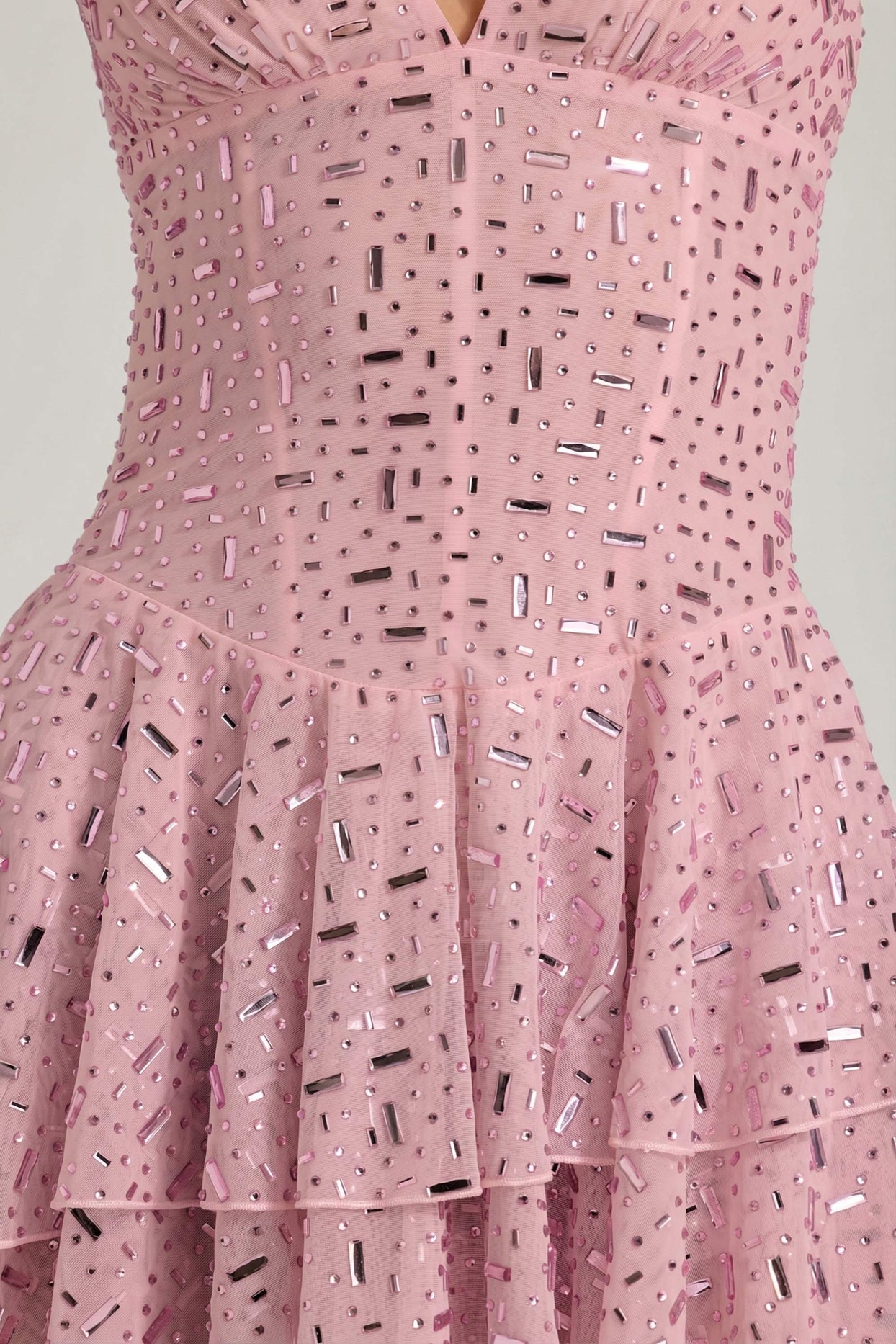 Embellished Ruffled Tiered Mini Dress in Pink - 6