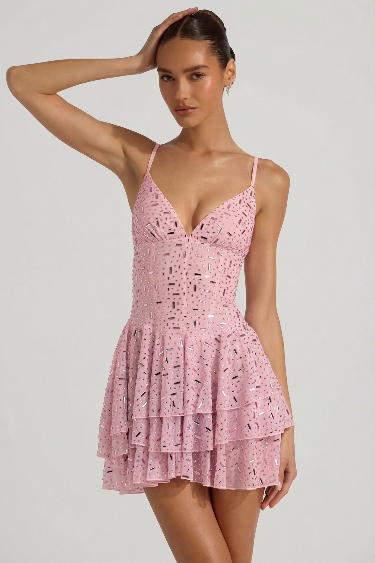 Embellished Ruffled Tiered Mini Dress in Pink - 7