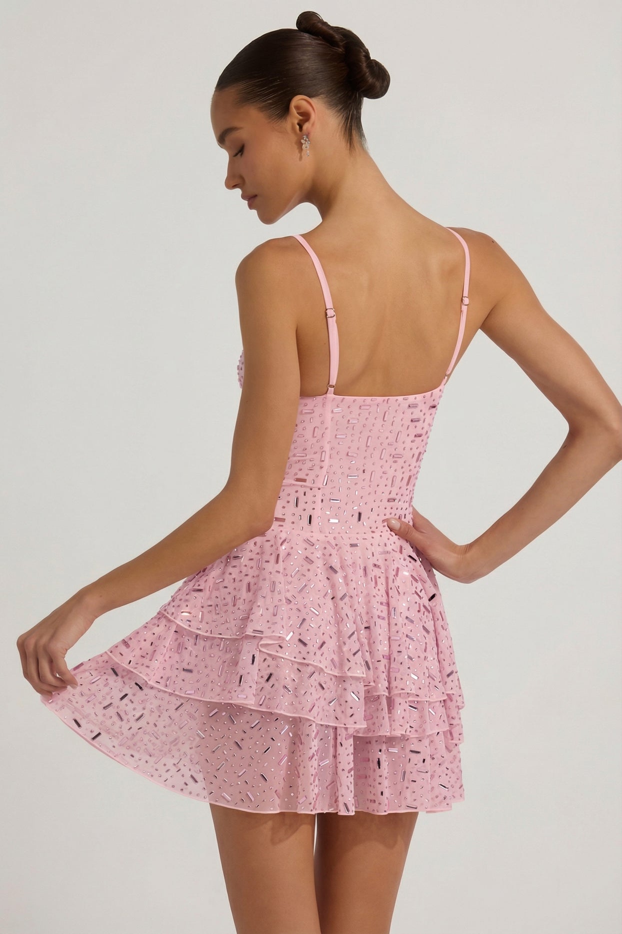 Embellished Ruffled Tiered Mini Dress in Pink - 8