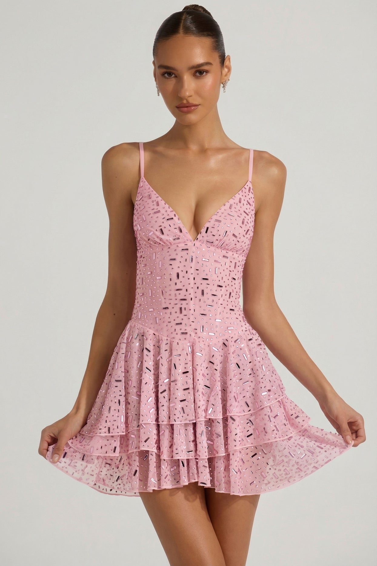 Embellished Ruffled Tiered Mini Dress in Pink - 1
