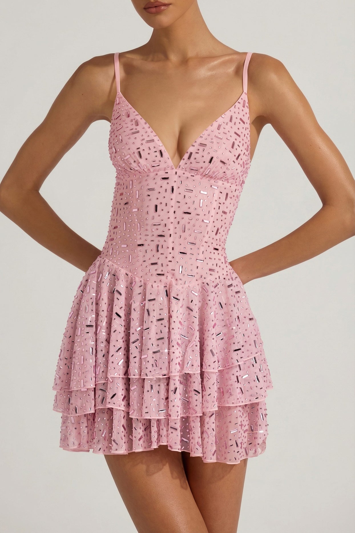 Embellished Ruffled Tiered Mini Dress in Pink - 3
