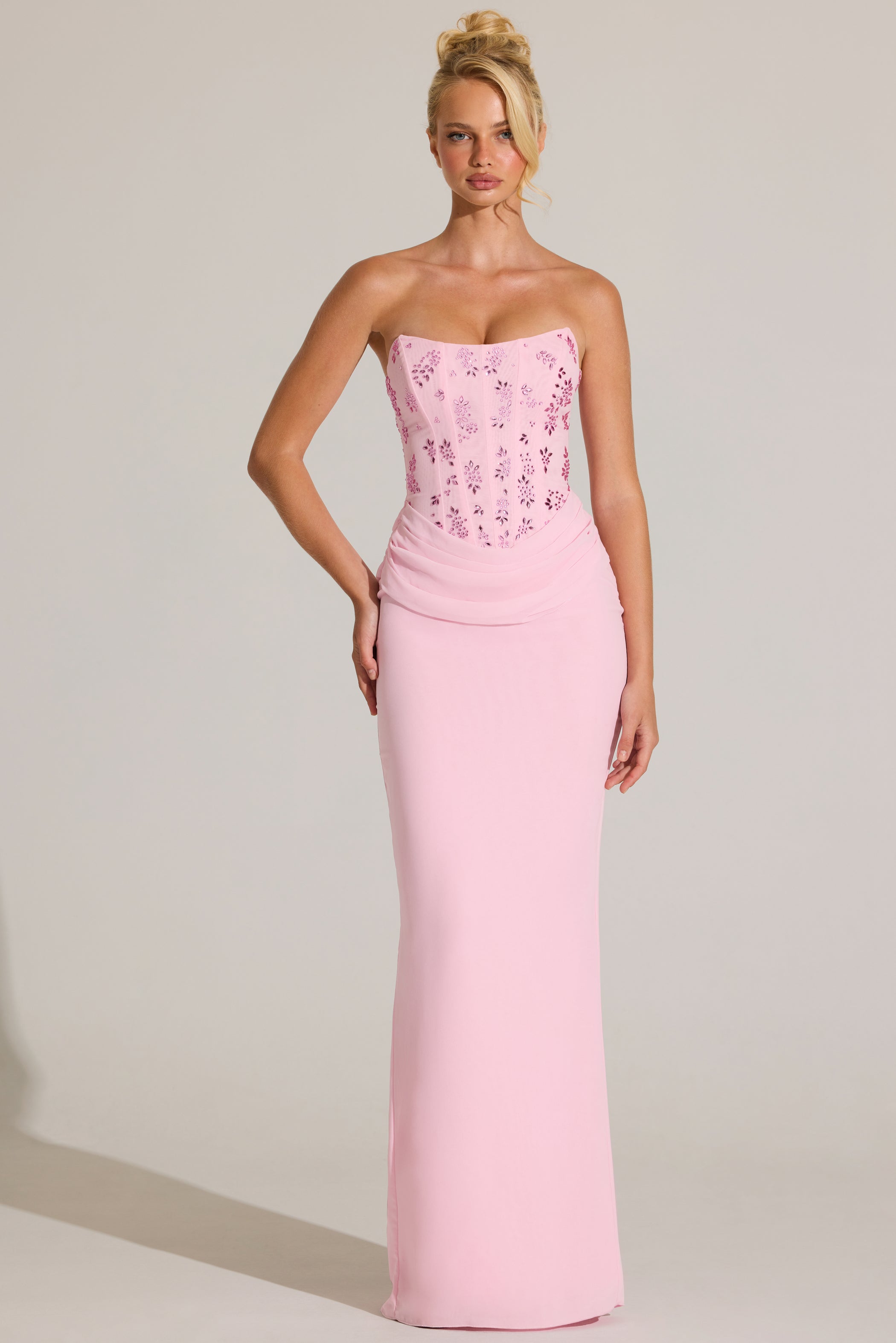 Embellished Corset Maxi Dress in Blossom Pink