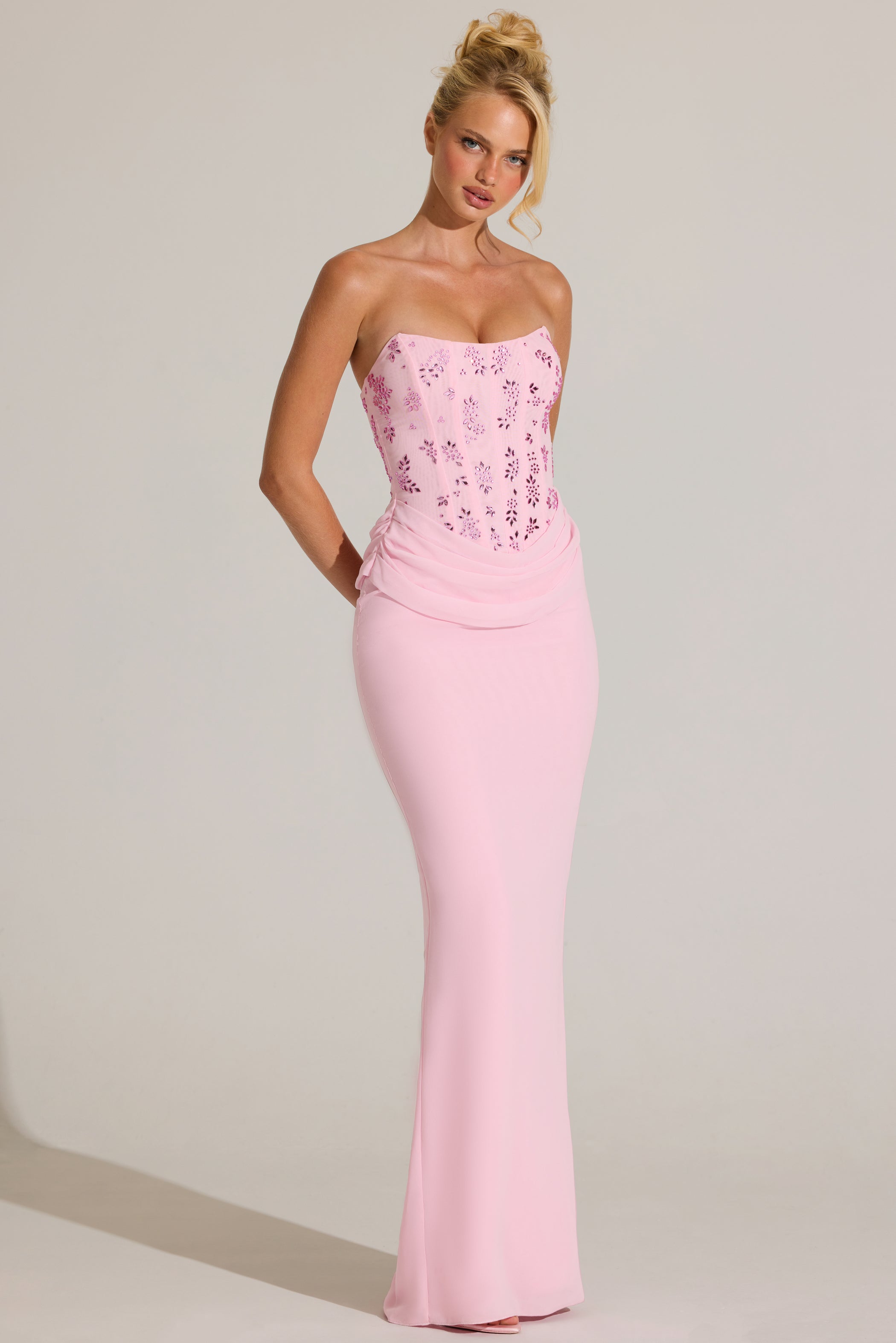 Embellished Corset Maxi Dress in Blossom Pink