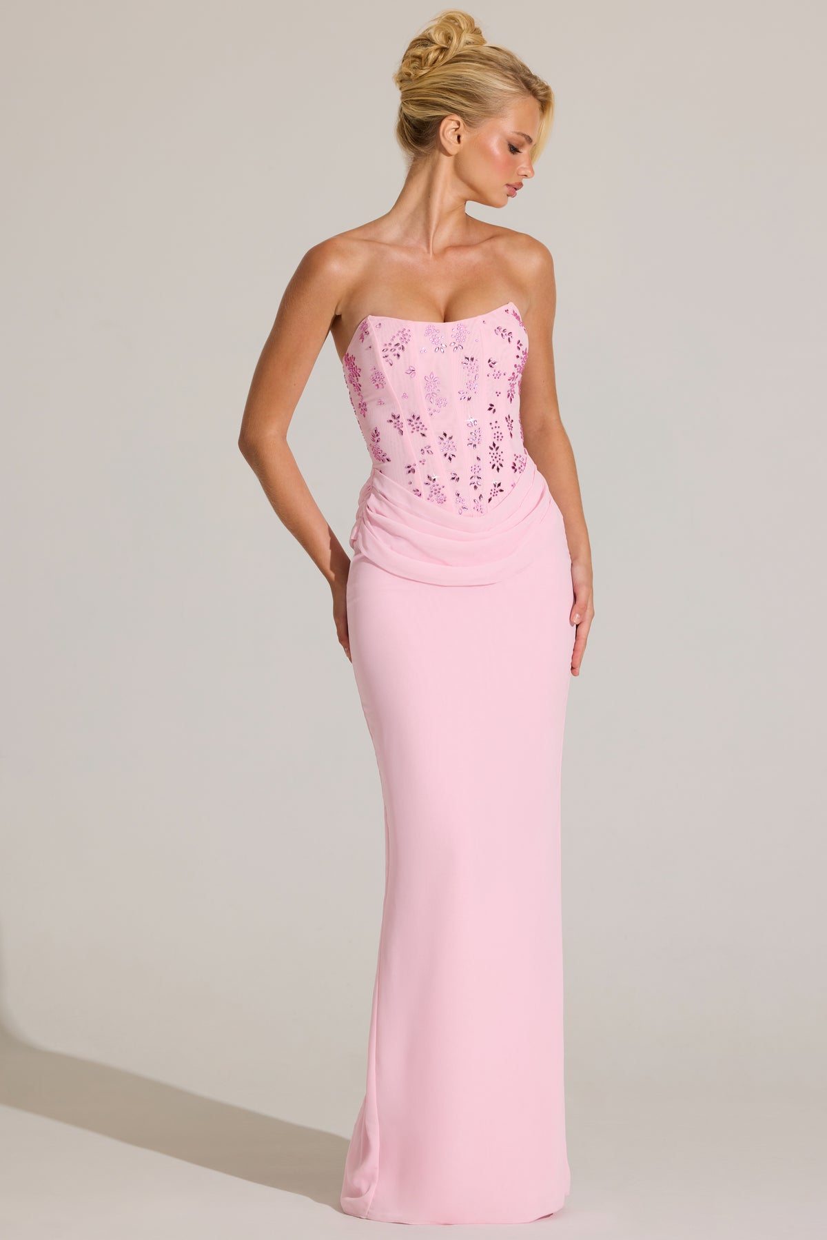 Embellished Corset Maxi Dress in Blossom Pink