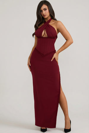 chinese dress ladies Penelope Halterneck Lace-Up Corset Maxi Dress in Berry Red