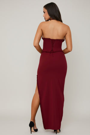 Halterneck Lace-Up Corset Maxi Dress in Berry Red