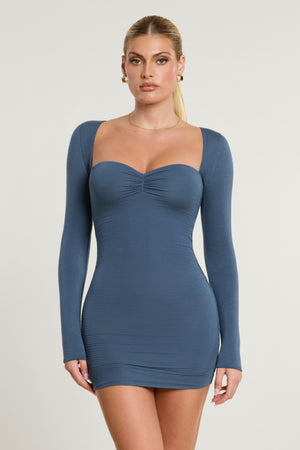 princess polly baby blue dress Perrie Long Sleeve Ruched Modal Cashmere Blend Mini Dress in French Navy