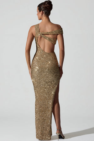 Oh Polly's Anna wearing the Persephone Gown Length Dress in Gold Micro Sequin fabric perfect for glamorous evening events