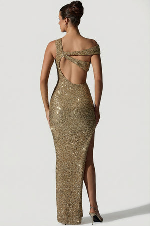 Embellished Asymmetric Cut-Out Gown in Gold