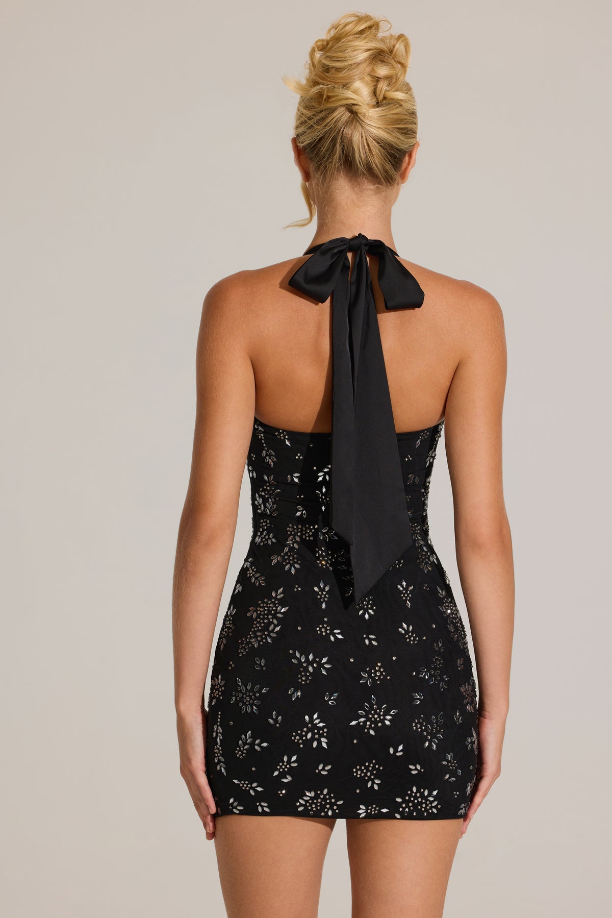 Embellished Sweetheart-Neck Mini Dress in Black