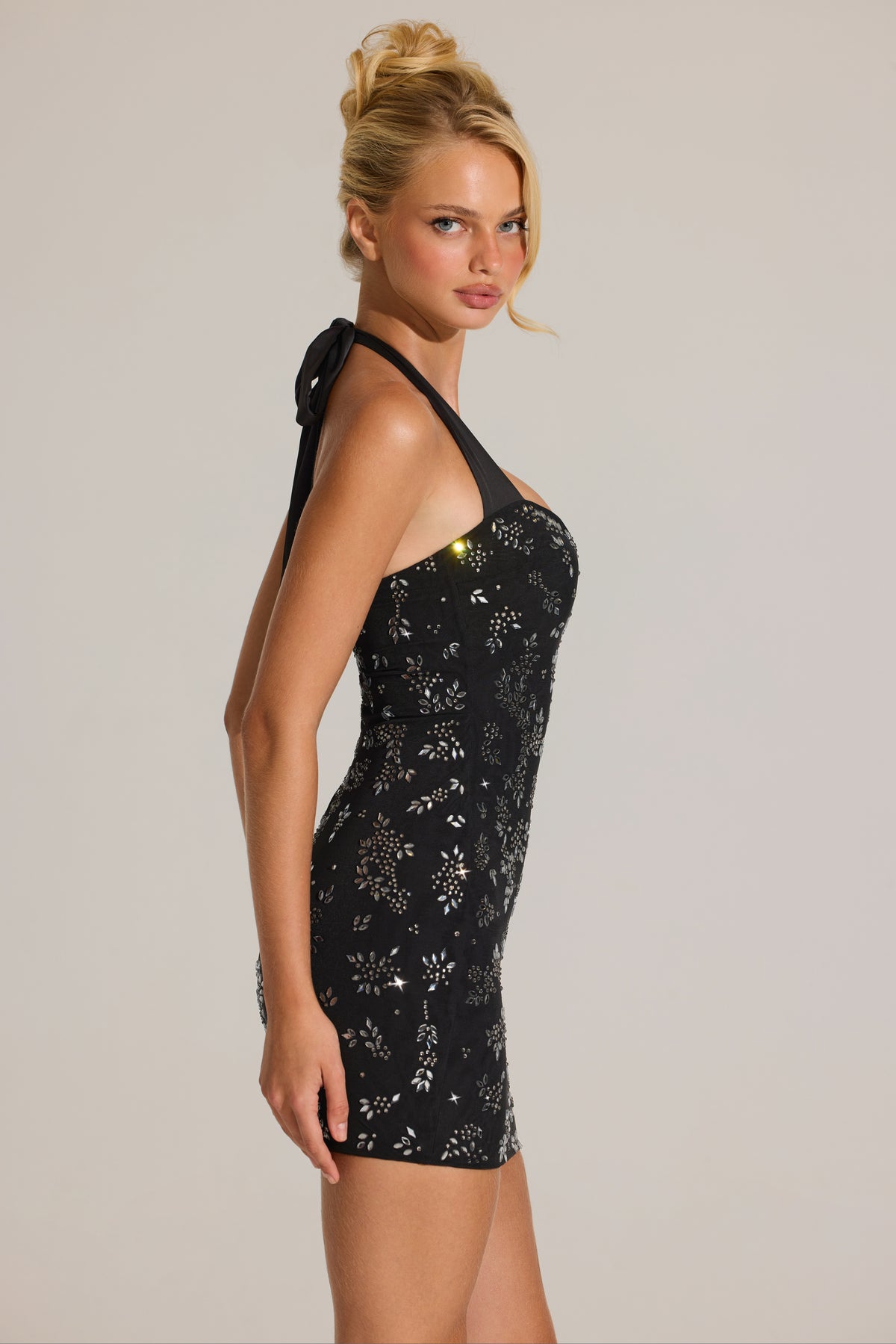 Embellished Sweetheart-Neck Mini Dress in Black
