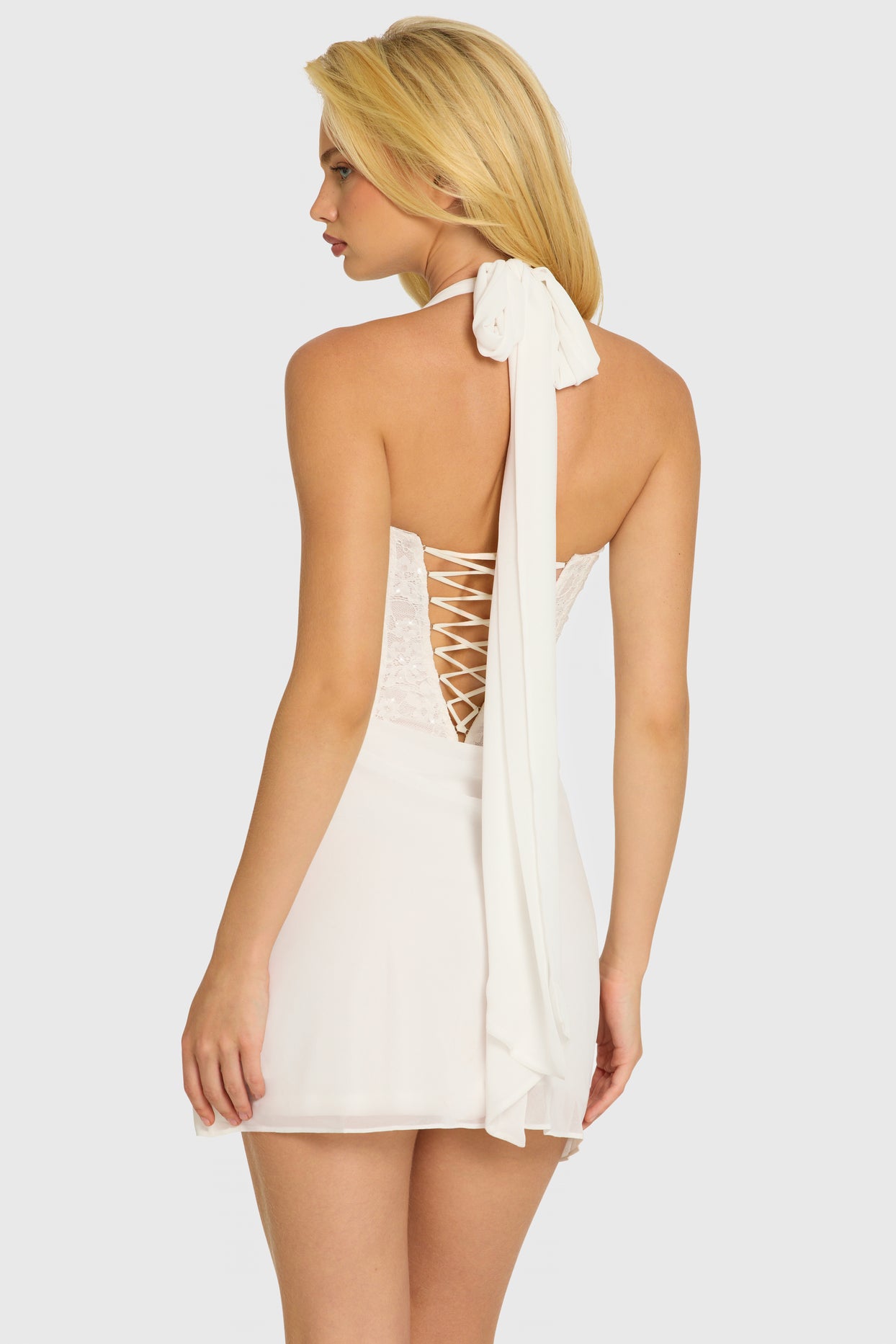 Sequin Lace Corset Mini Dress in Pearl - 2