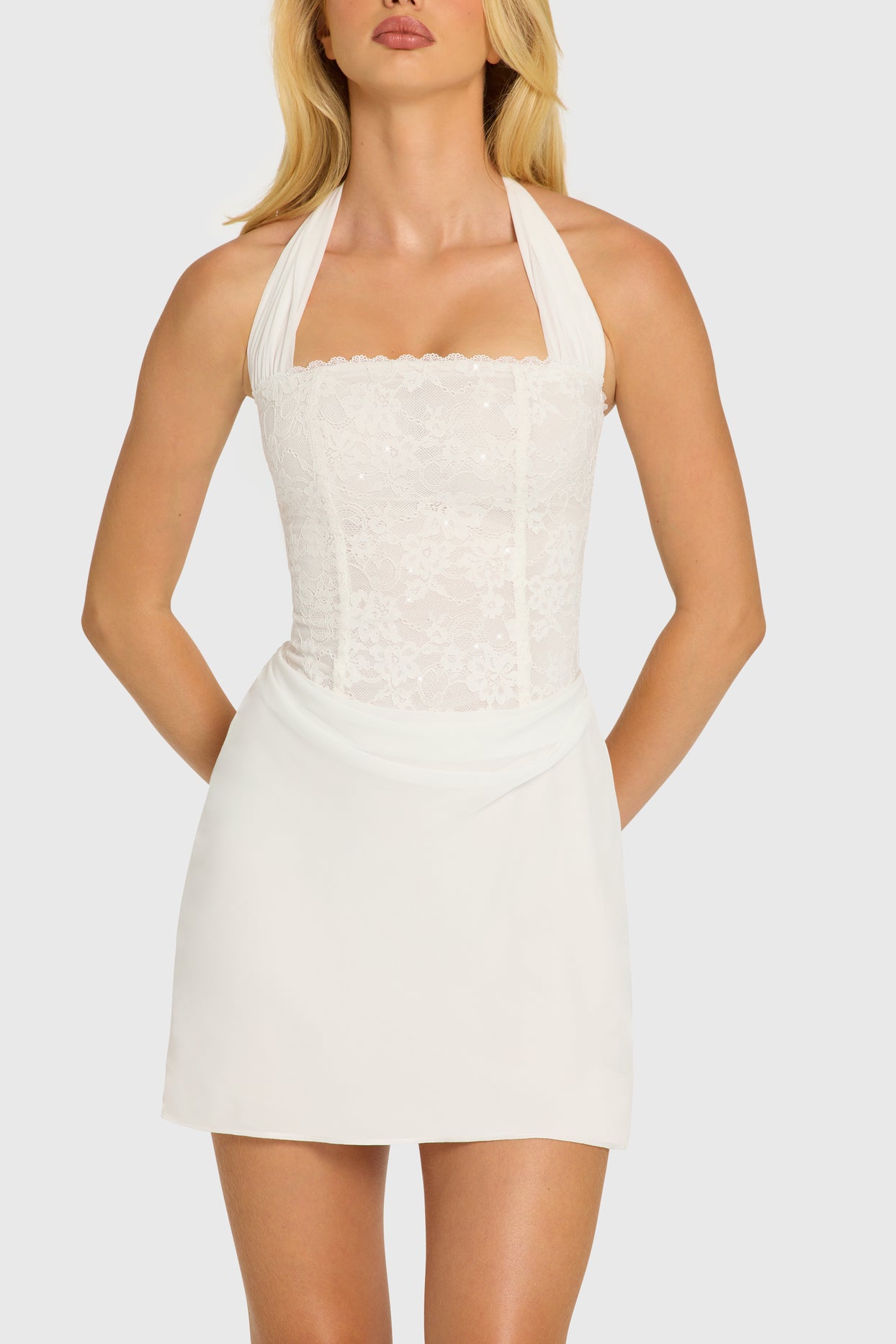 Sequin Lace Corset Mini Dress in Pearl - 5
