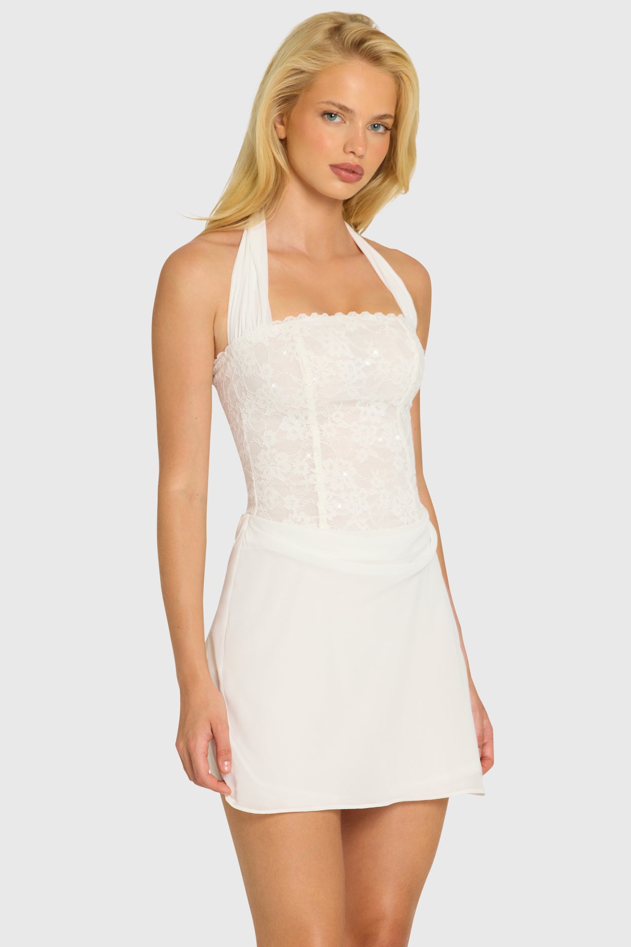 Sequin Lace Corset Mini Dress in Pearl - 8