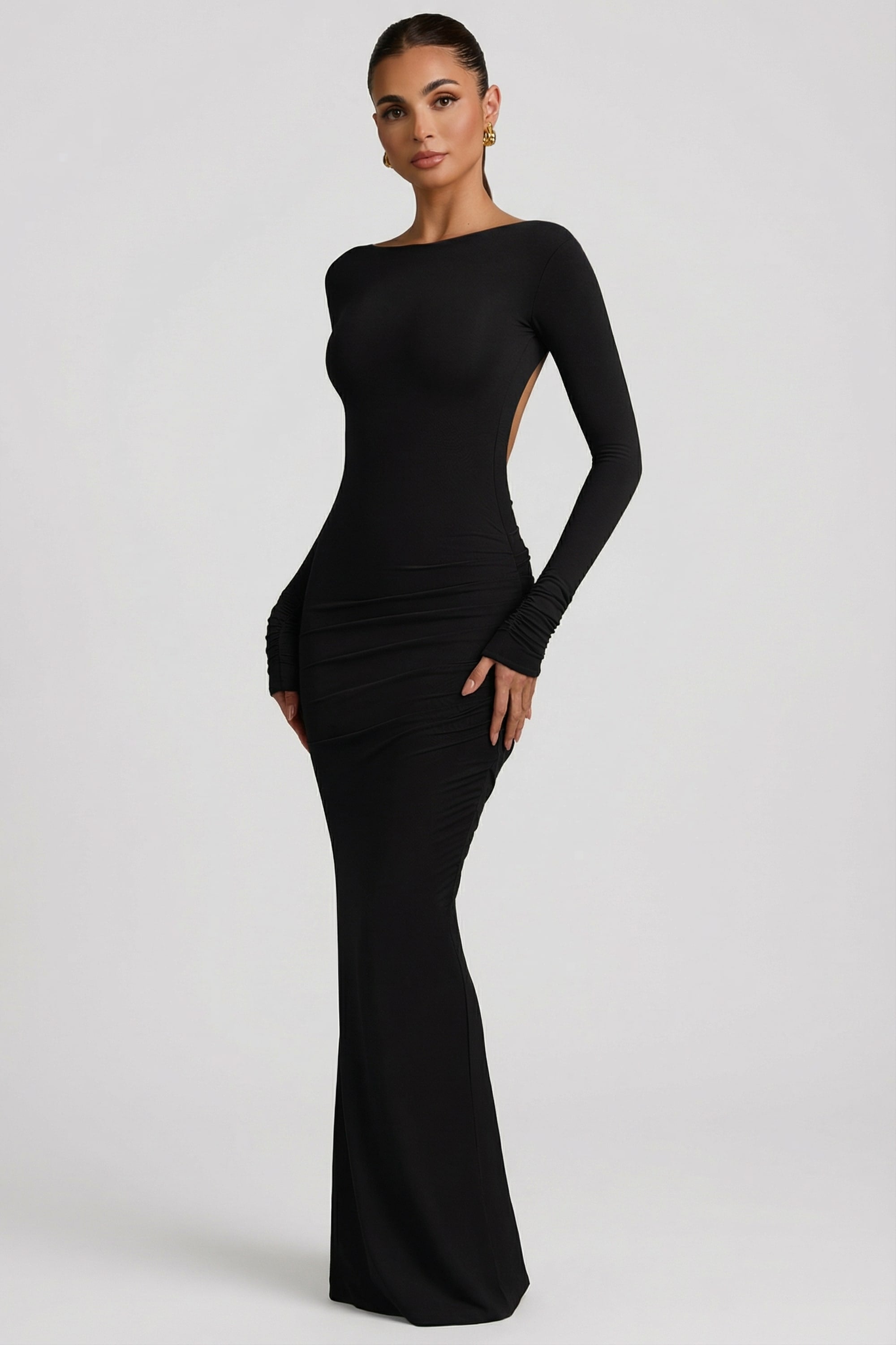 Modal Ruched Backless Maxi Dress in Black - 1